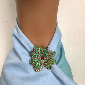 Vintage 60s Lucky 4 Leaf Clover Shamrock Costume Jewelry Brooch Hair Pin Green